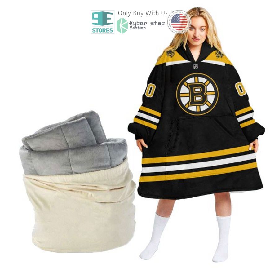 personalized boston bruins logo black sherpa hooded blanket 2 63754