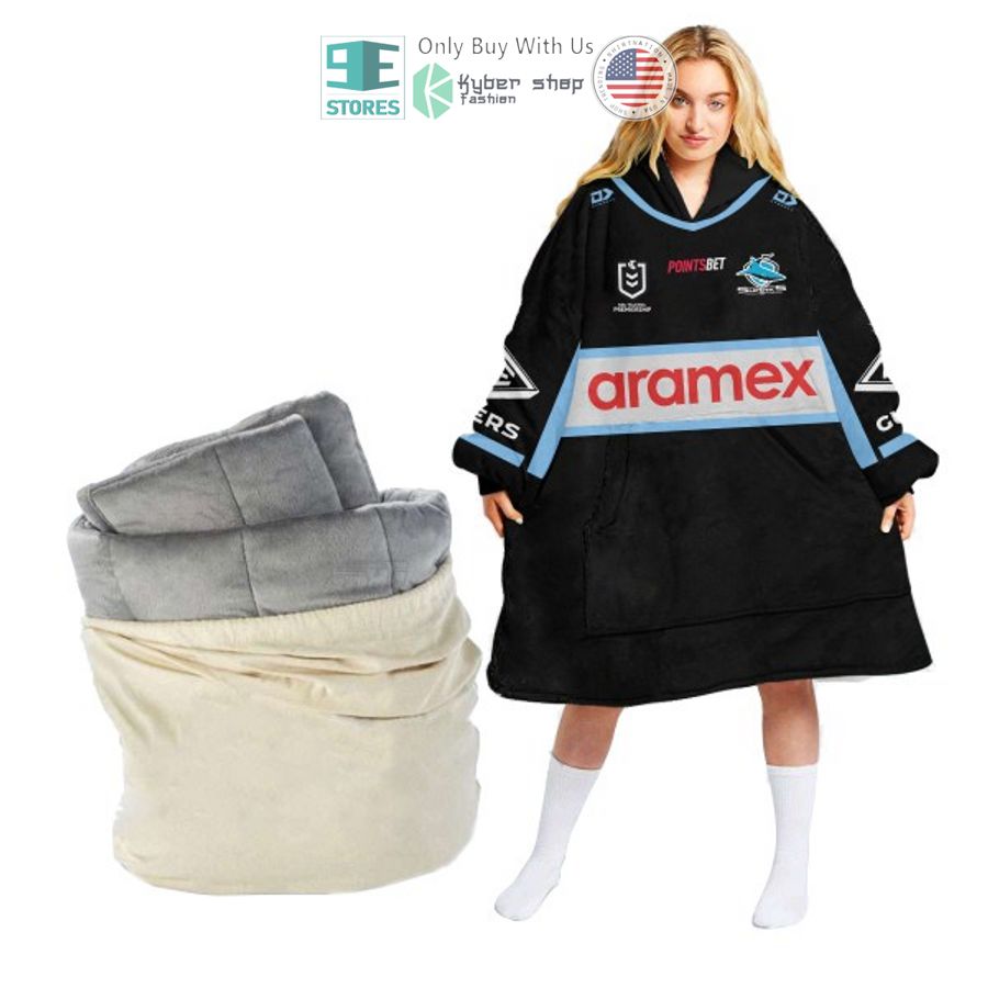 personalized cronulla sutherland aramex black sharks sherpa hooded blanket 2 88046