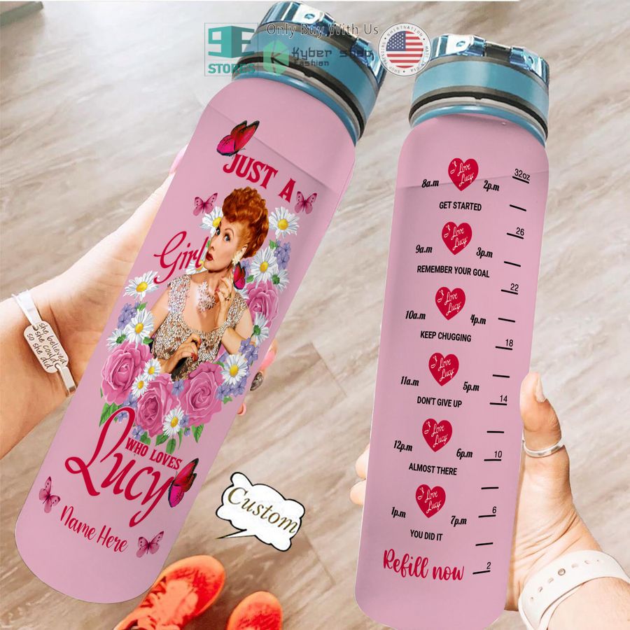 personalized just a girl who loves lucy pink water bottle 2 10175