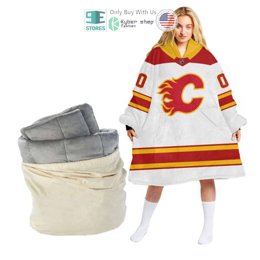 personalized nhl calgary flames white red sherpa hooded blanket 1 72543