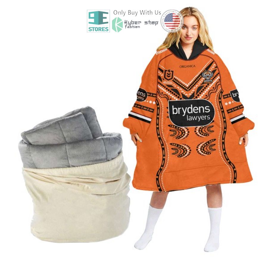 personalized wests tigers brydens lawyers orange sherpa hooded blanket 2 65912