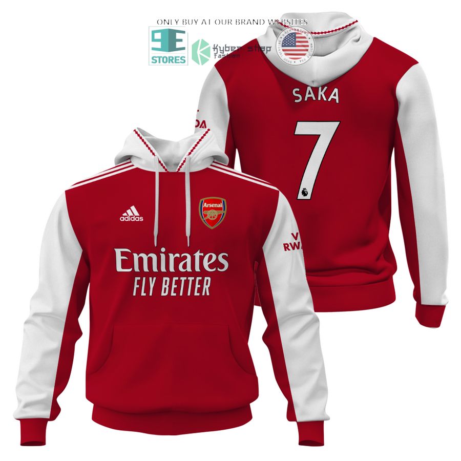 arsenal emirates fly better saka 7 red white 3d shirt hoodie 1 50858