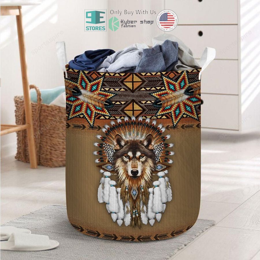 native american wolf tan laundry basket 1 29568