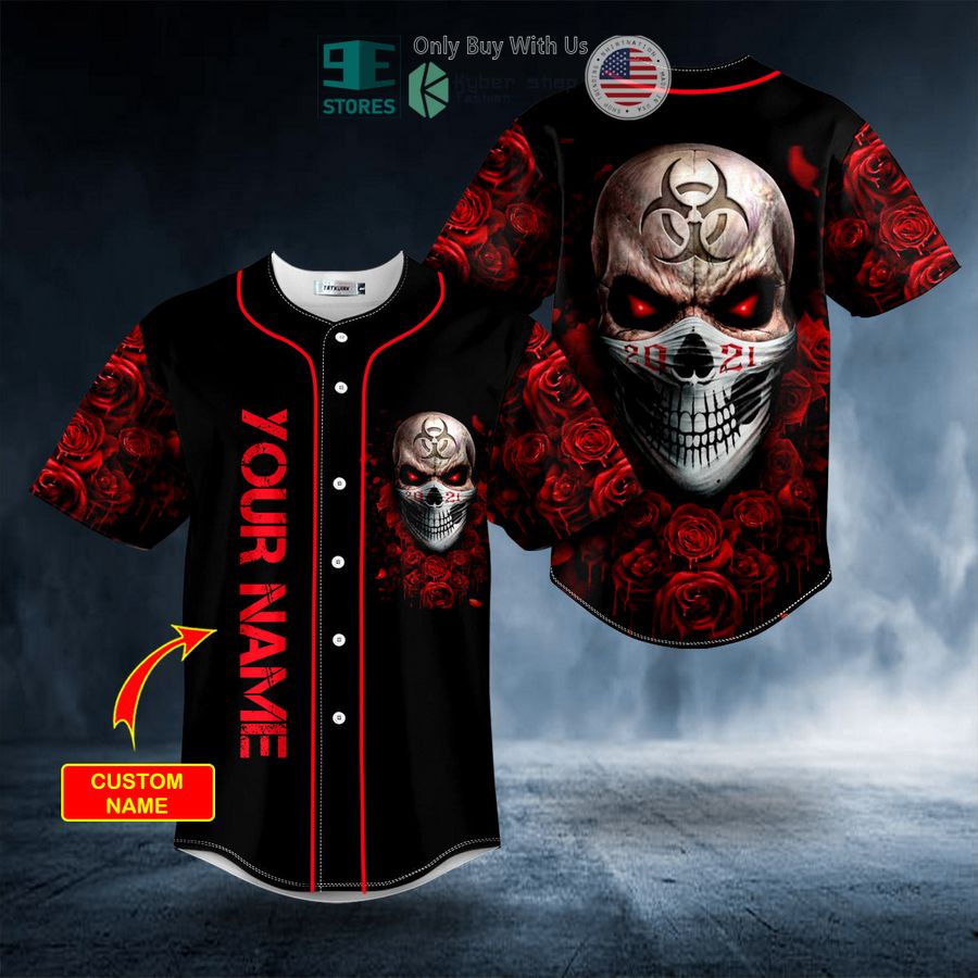 personalized 2021 red biohazard lockdown rose skull custom baseball jersey 1 47754