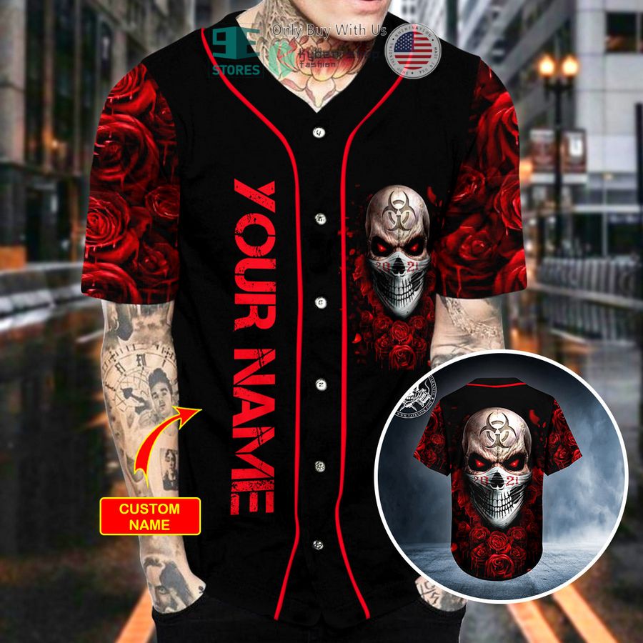 personalized 2021 red biohazard lockdown rose skull custom baseball jersey 2 45776