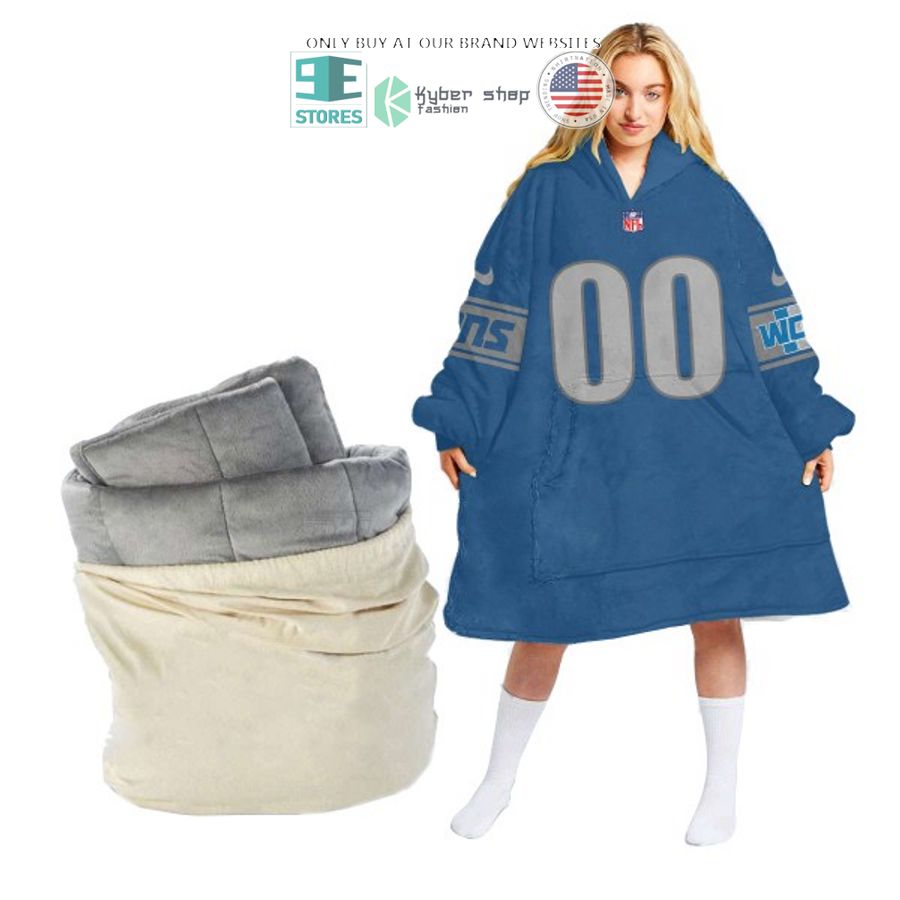 personalized detroit lions blue sherpa hoodie blanket 1 59476