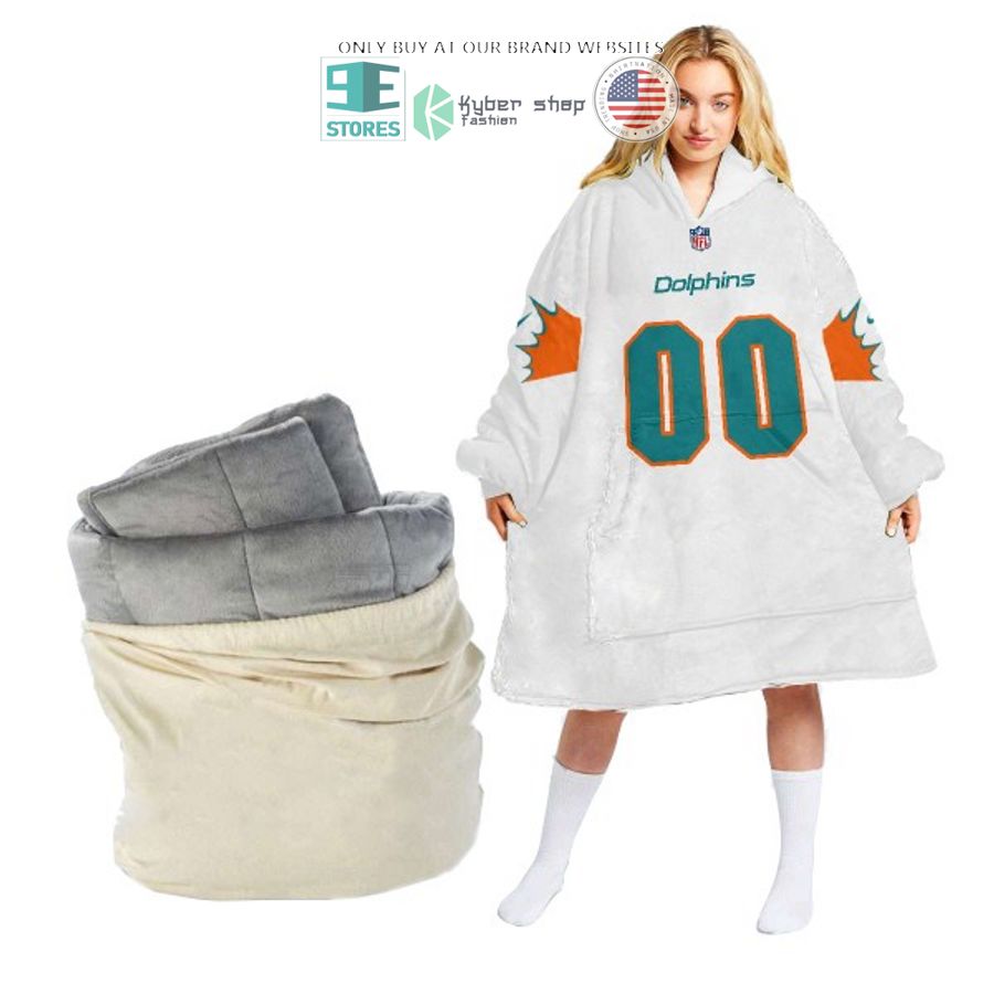 personalized miami dolphins white sherpa hoodie blanket 2 86042