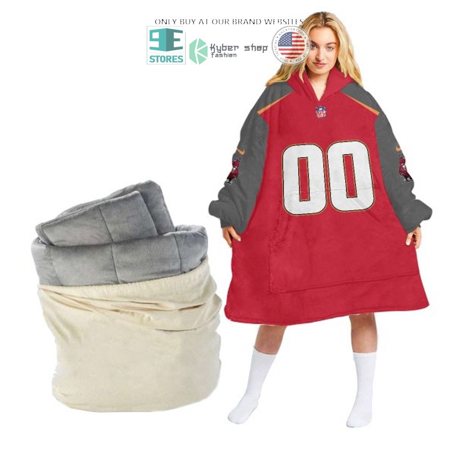 personalized tampa bay buccaneers nfl red grey sherpa hoodie blanket 1 53602